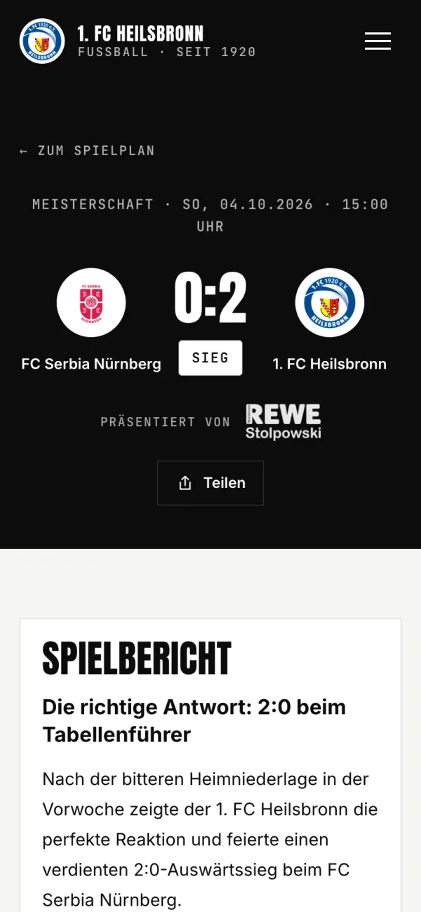Spieltag-Seite in der App: FC Serbia Nürnberg gegen 1. FC Heilsbronn, 0:2, Sieg
