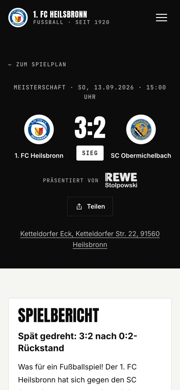 Spieltags-Seite gegen SC Obermichelbach mit „Präsentiert von“ und Partnerlogo