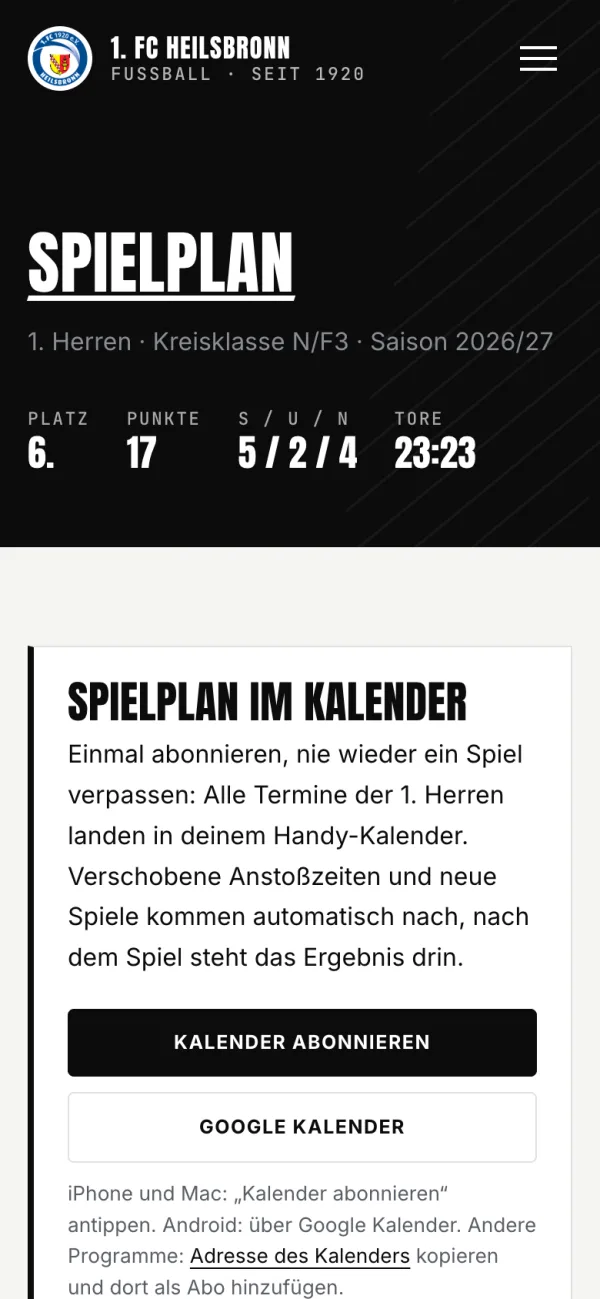 Spielplan auf dem Handy mit Tabellenplatz, Punkten und Kalender-Abo